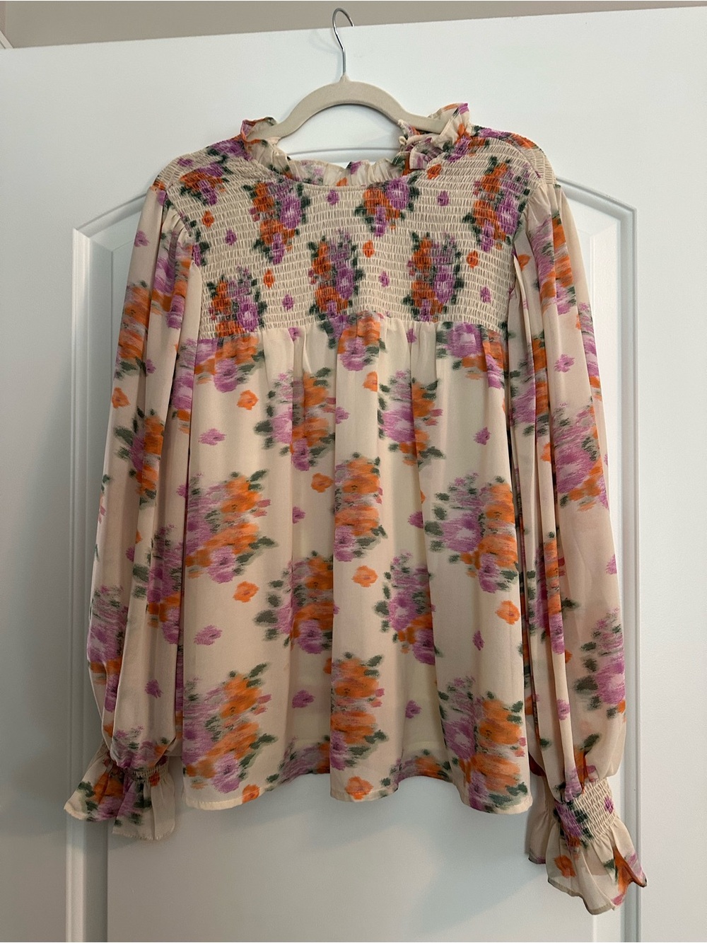 entro Cream Floral Smocked Yoke Blouse with Orange & Purple Blooms